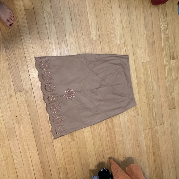 Vintage Odille Skirt: Tan and Pink Midi with Cutouts and Embroidery - Picture 4 of 9